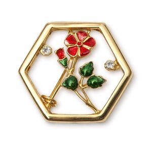 Vintage Gold Tone Floral Brooch Hexagon Frame Red Enamel